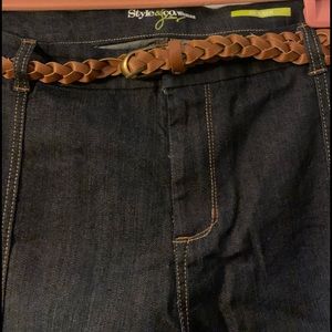 Wide leg denim trousers.